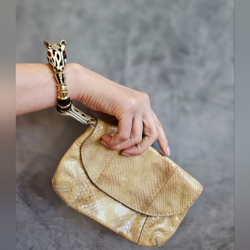 ROBERTO CAVALLI PYTHON CLUTCH WITH CRYSTAL ZEBRA CUFF BRACELET - Picture 10 of 11